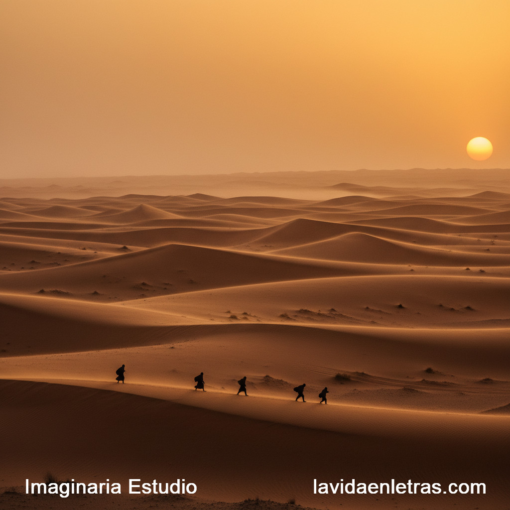 Dune “Figura humana frente a un desierto inmenso bajo luz anaranjada, evocando la escala épica de Dune.”