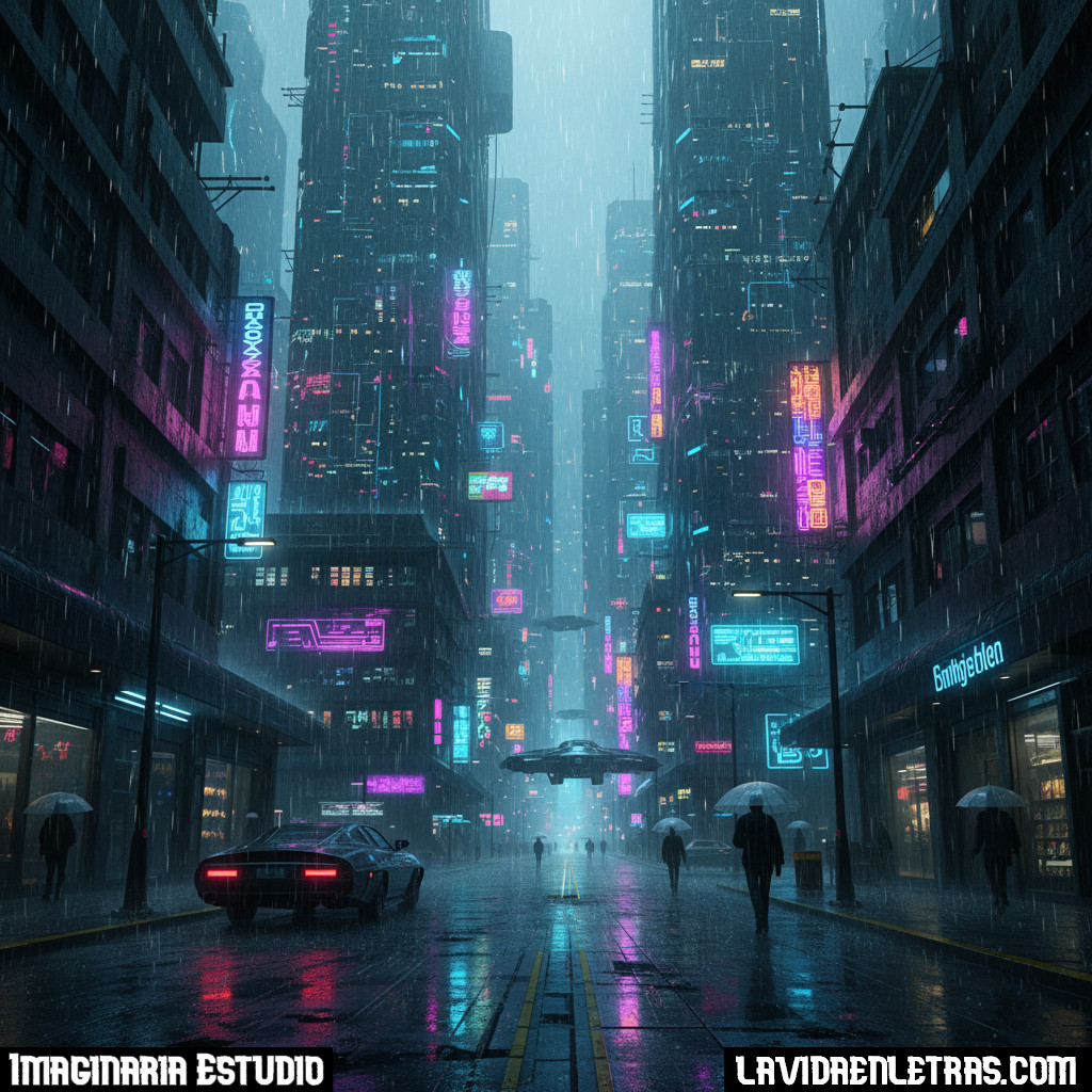 blade runner Ciudad futurista lluviosa con neón y humo, evocación del tono melancólico de Blade Runner