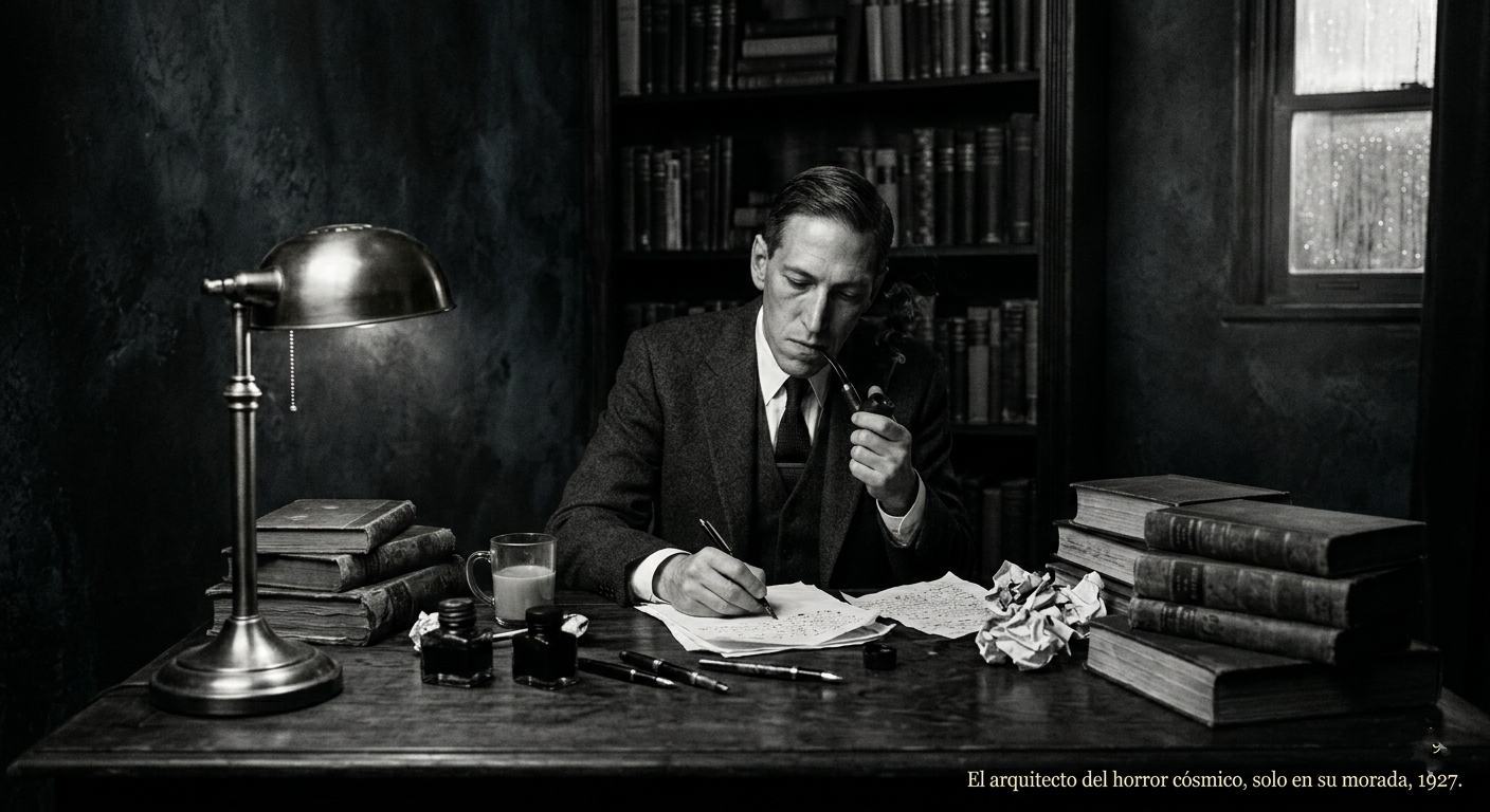 Escritor solitario en una habitación antigua inspirado en H. P. Lovecraft