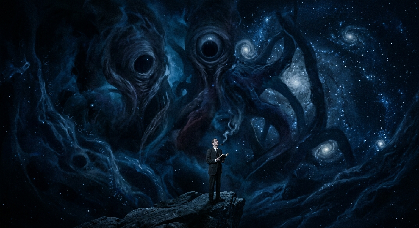 Figura humana ante un universo inmenso y entidades cósmicas