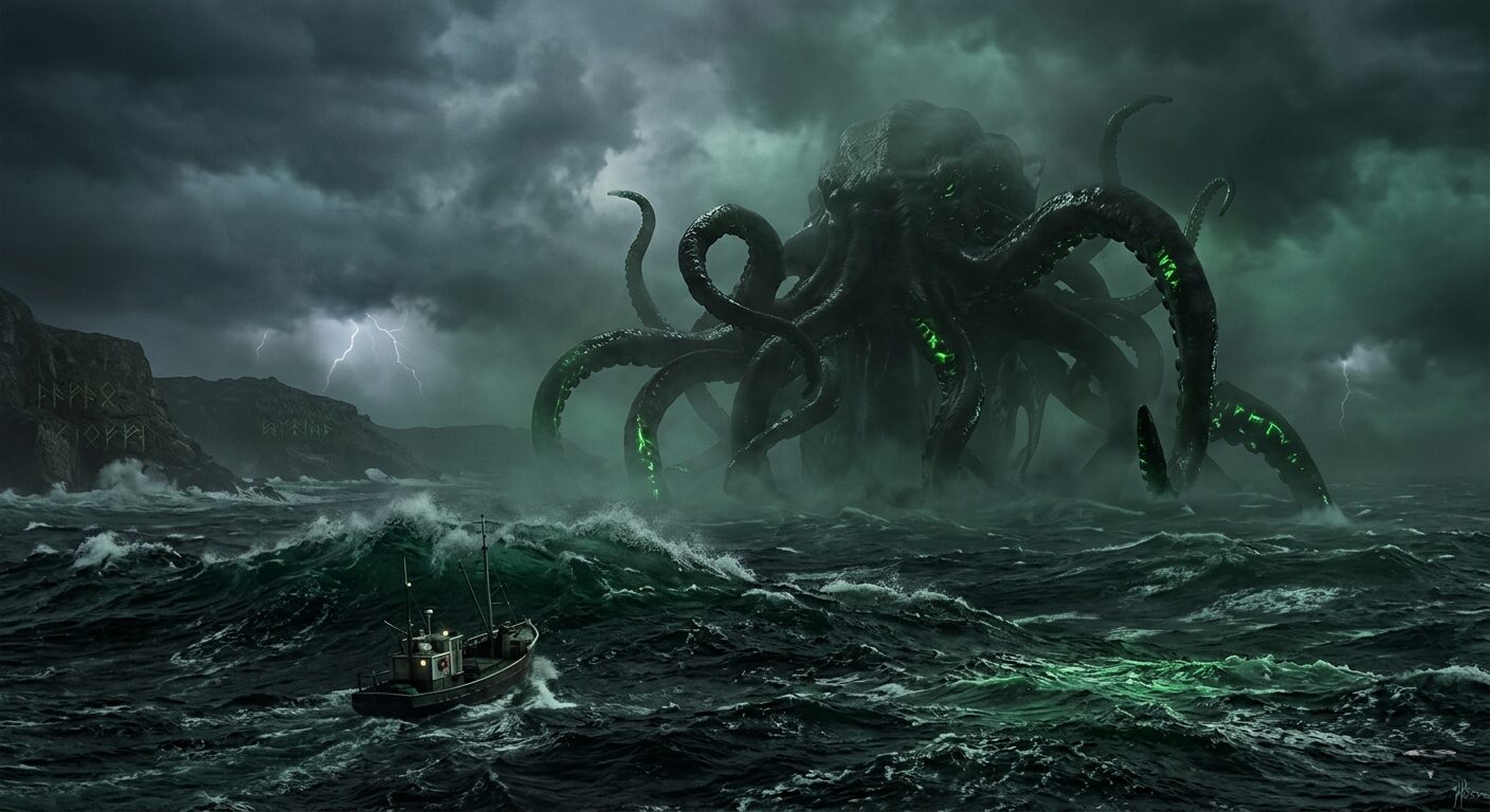 Océano oscuro con silueta tentacular inspirada en los Mitos de Cthulhu