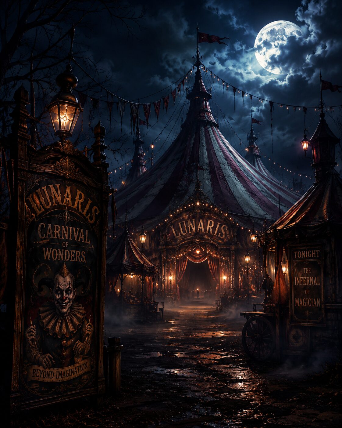 Circo nocturno oscuro inspirado en la novela de Bradbury