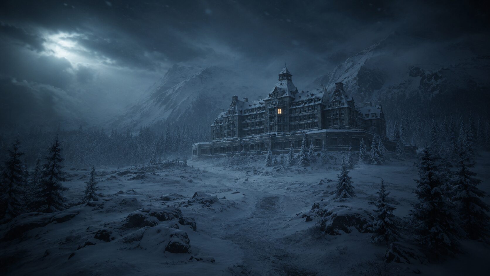 Hotel aislado en invierno evocando El resplandor de Stephen King