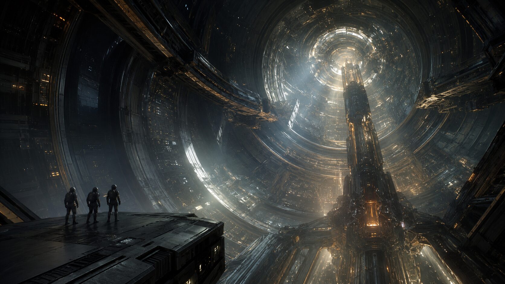 Interior de nave espacial gigantesca evocando Cita con Rama