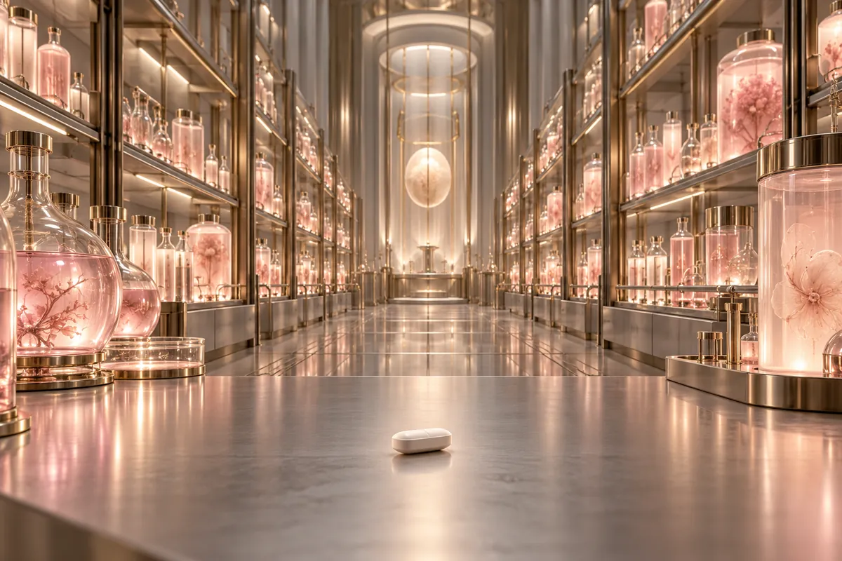 Laboratorio luminoso y aséptico con hileras de frascos de cristal bajo luz suave