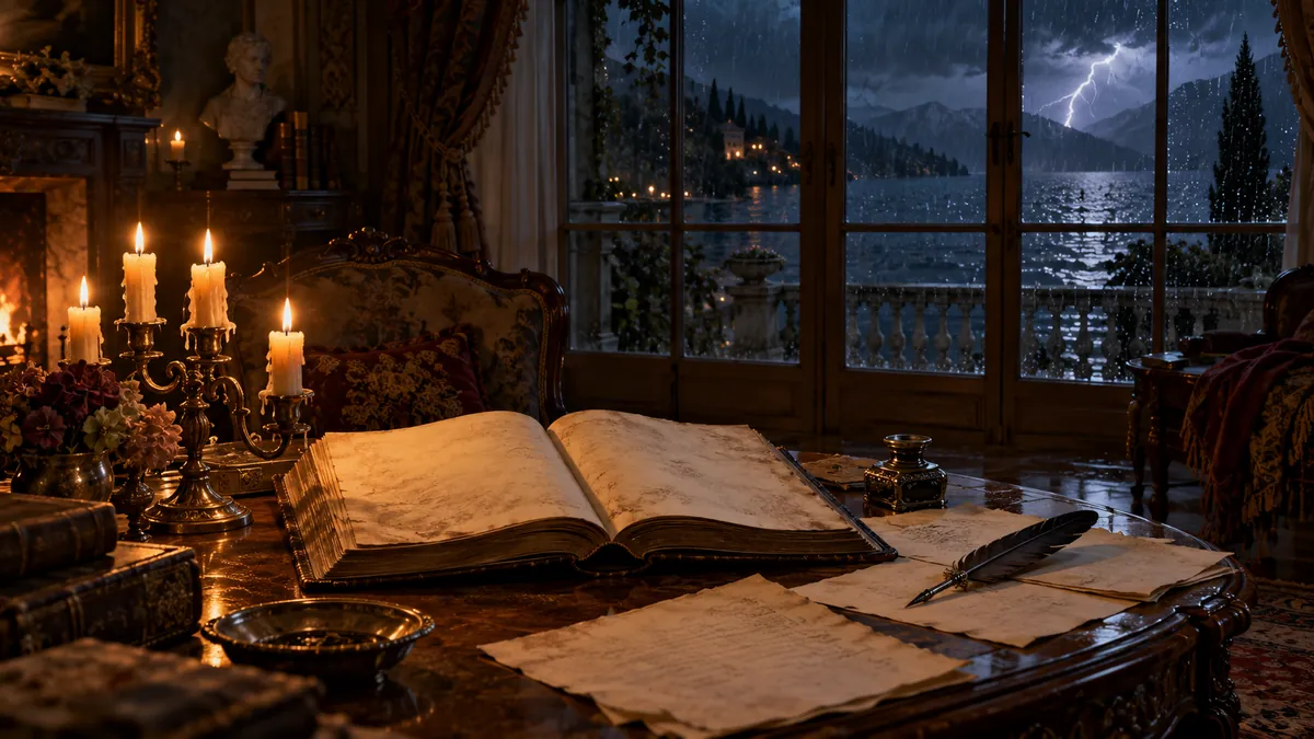 Villa junto a un lago suizo bajo una tormenta nocturna, con ventanas iluminadas por velas
