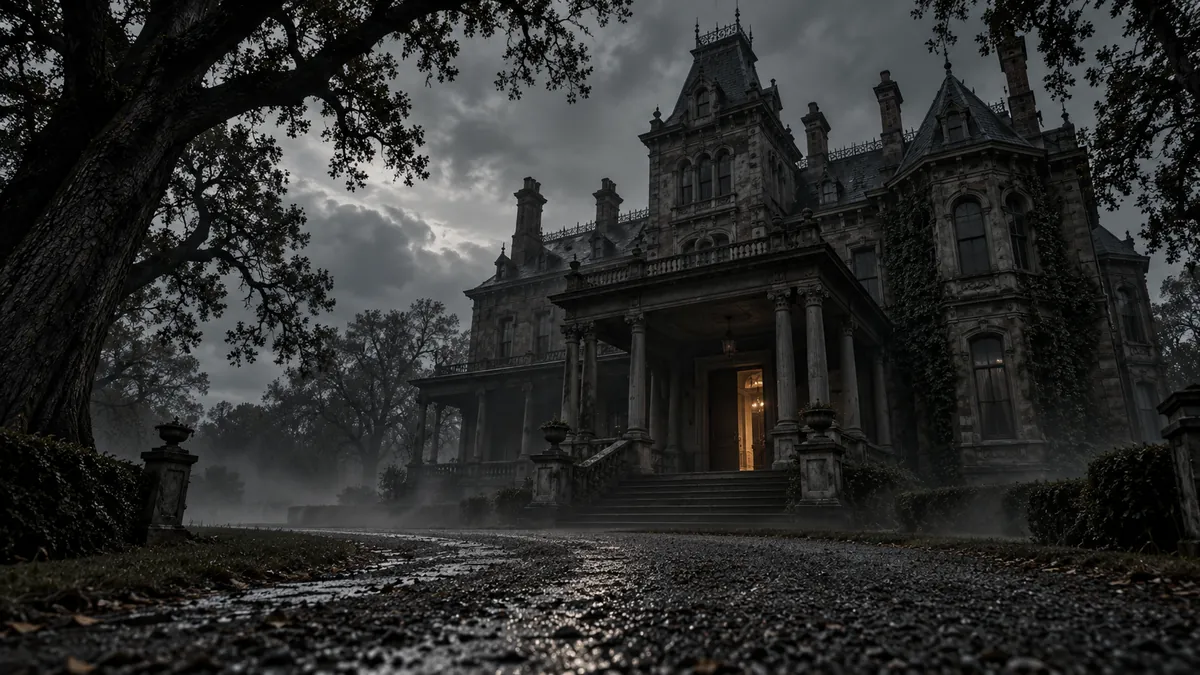 Mansión victoriana sombría entre árboles bajo un cielo nublado, evocando La maldición de Hill House