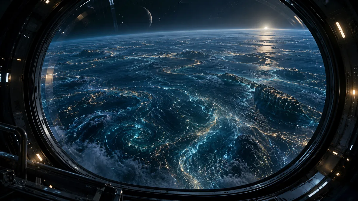 Océano alienígena luminoso visto desde una estación espacial en órbita, evocando Solaris