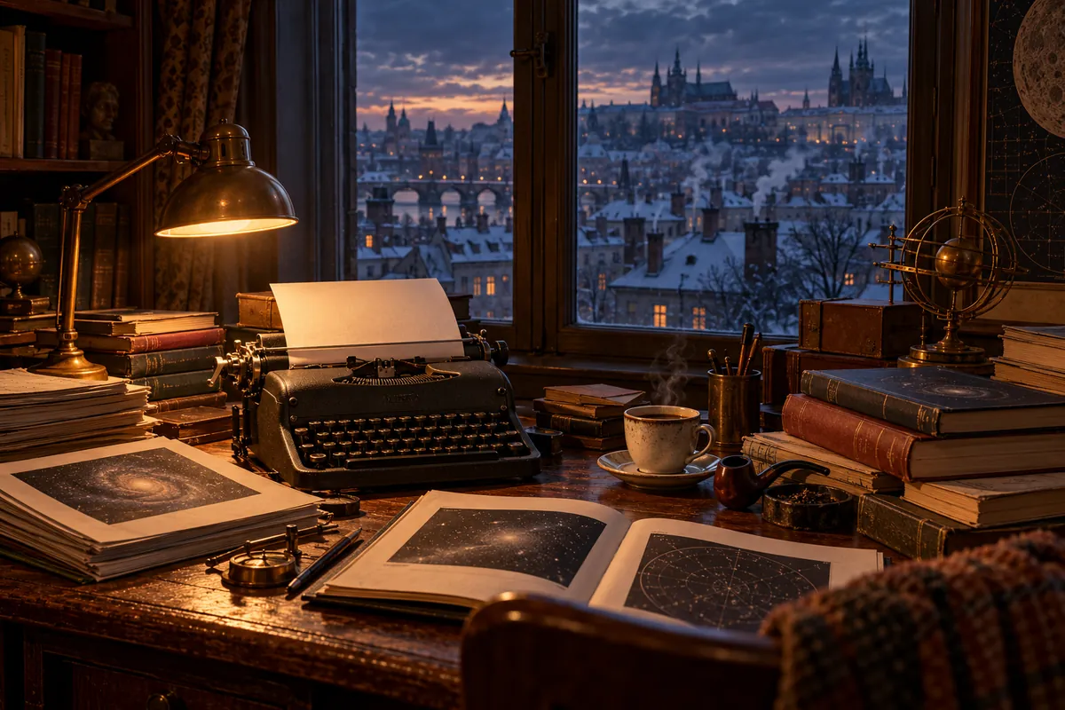 Escritorio de escritor con máquina de escribir y libros de ciencia junto a una ventana de Cracovia